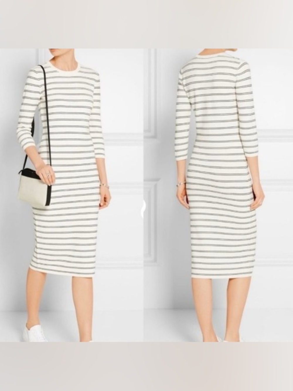 NWT Theory Delissa B Striped Ivory Ice & Black Prosecco Dress Womens Size Large